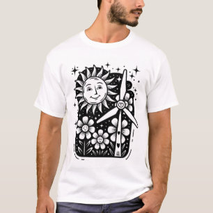 Camiseta Sol Whimsical, Flores E Turbinas Eólicas