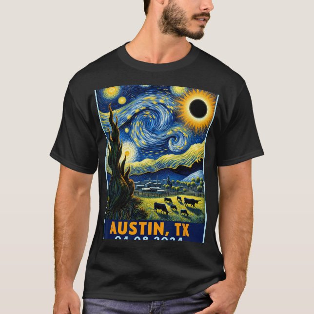 Camiseta Solar Eclipse 2024 Austin Texas Van Gogh Starry Ni (Frente)