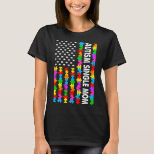 Camiseta Solteiro de Autismo de Bandeira Americana Mãe Auti