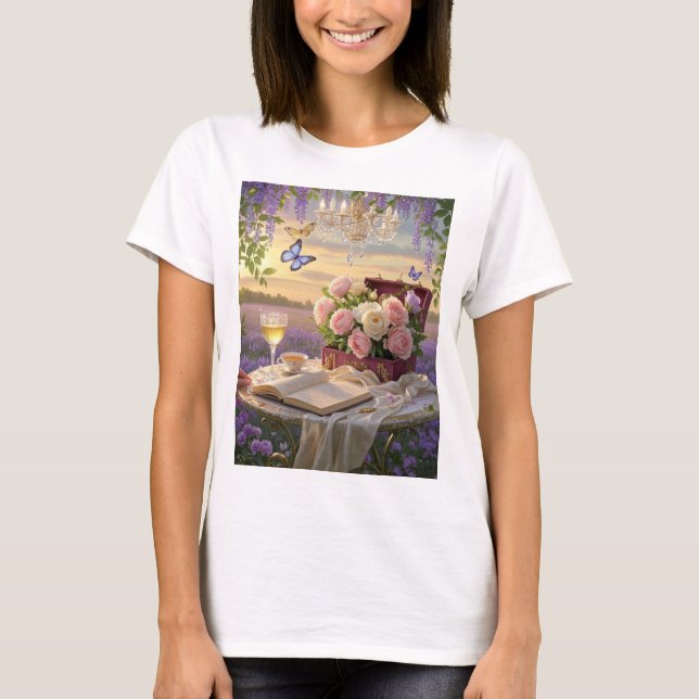 Camiseta Sonhadora, cena de foco suave de uma lavanda, Flor (Frente)