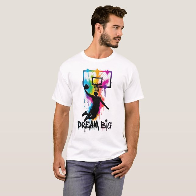 Camiseta Sonhe Grande | Vibrante Enterrada de Basquete Cor (Frente Completa)