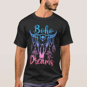 Camiseta Sonhos Boho Caveira de Gado Penas Azul Rosa Ombre