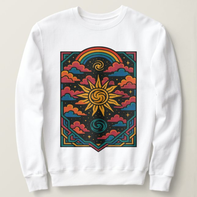 Camiseta Sonhos Celestiais - Sol Retroativo e Arte Tarot Ar (Frente do Design)