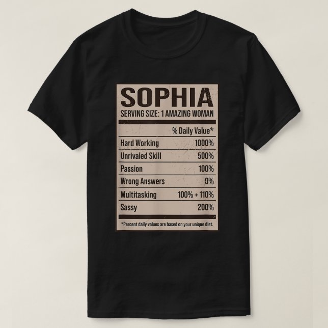 Camiseta Sophia Nutrition Facts Name Apelido Alias Título F (Frente do Design)