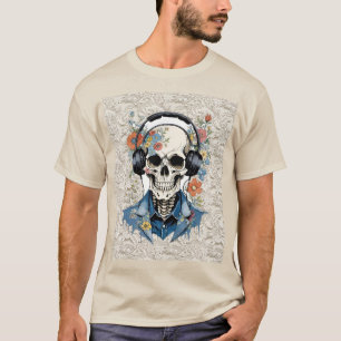 Camiseta Sorriso do crânio Floral Ouvindo o Fones de ouvido