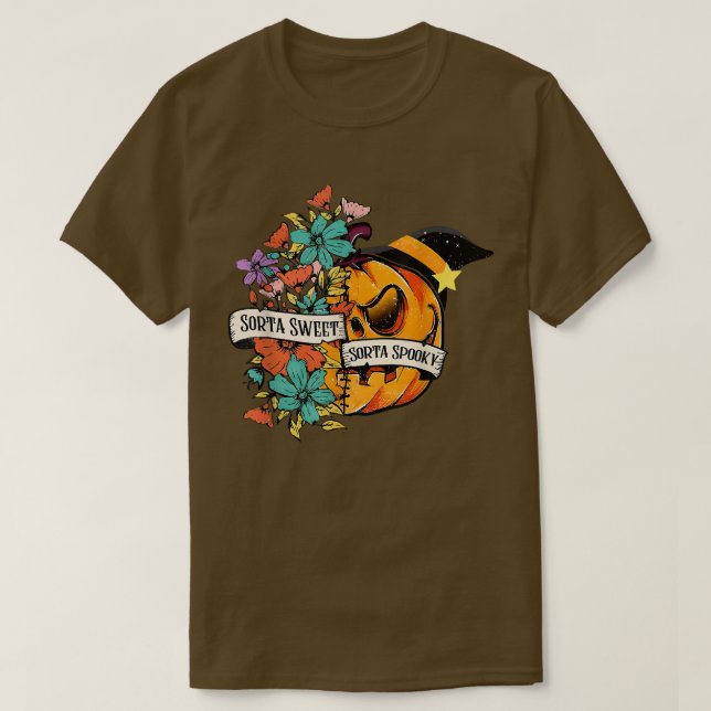 Camiseta Sorta Doce Sorta Spooky Pumpkin Assustado Hallowee (Frente do Design)