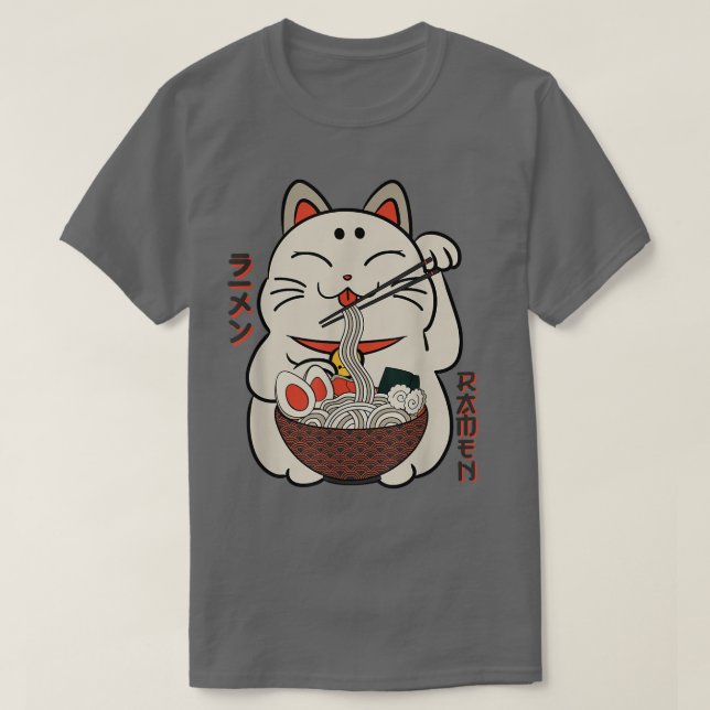 Camiseta Sortudo Gato Comendo Ramen Noodles Comida Japonês (Frente do Design)