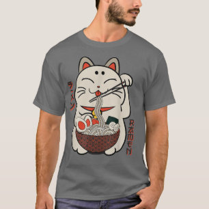 Camiseta Sortudo Gato Comendo Ramen Noodles Comida Japonês