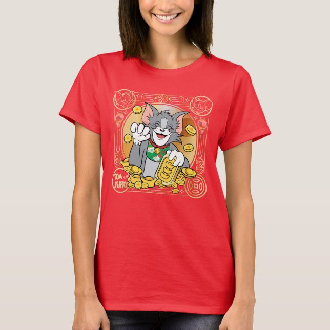 Camiseta Sortudo Gato Jerry Com Sinais Dourados (Frente)