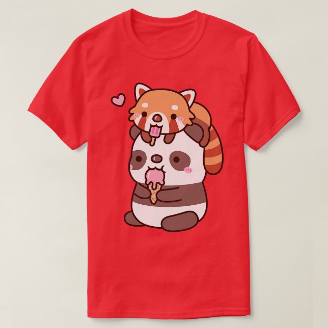 Camiseta Sorvete De Comida De Panda Vermelha E Panda Para A (Frente do Design)