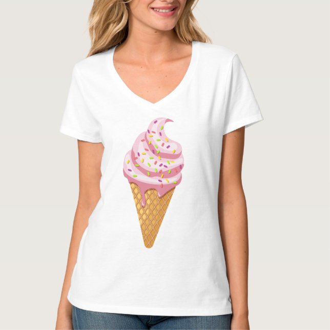 Camiseta Sorvete de morango em cone de waffle com T-Sh (Frente)