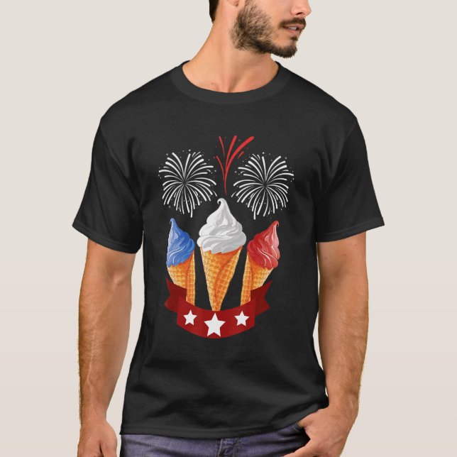 Camiseta Sorvete Vermelho Branco Azul Cone EUA Bandeira Pat (Frente)