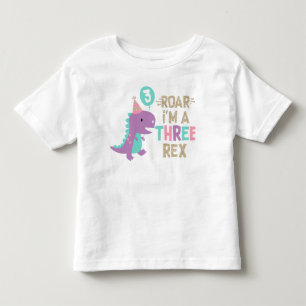 Camiseta Sou três Rex Girl Pink Dinossaur Faux Glitter