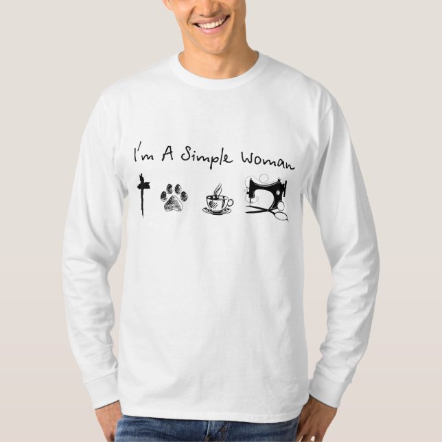 Camiseta Sou uma mulher simples, costurando café de jesus (Frente)