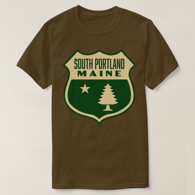 Camiseta South Portland Maine Retro Pine Tree Tan (Frente do Design)