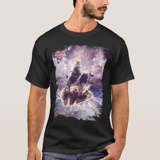 Camiseta Space Cat Riding Cow Unicorn  Pizza & Taco (Frente)