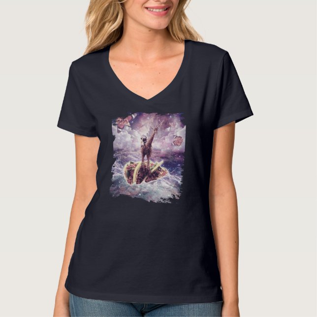 Camiseta Space Pug Riding Giraffe Unicorn - Pizza e Taco (Frente)