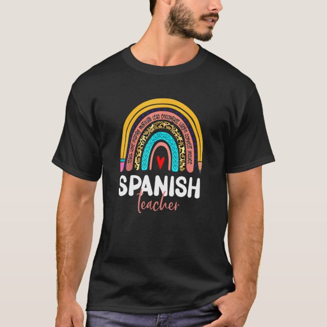 Camiseta Spanish Teacher Leopard Rainbow Back To School Esp (Frente)