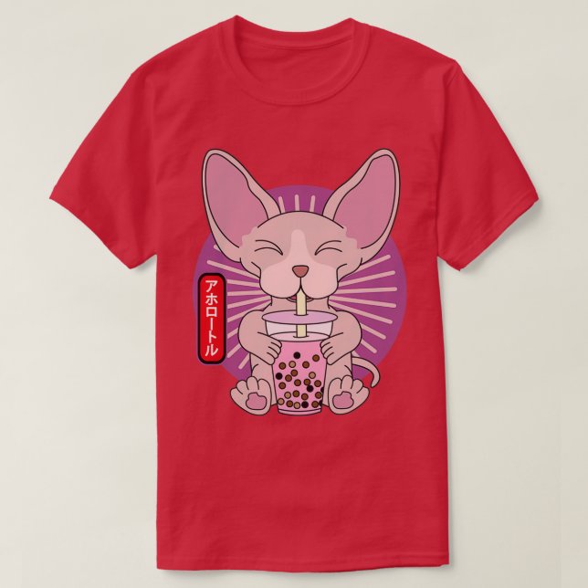 Camiseta Sphynx Cat Bebendo Bubble Boba Tea Kawaii (Frente do Design)