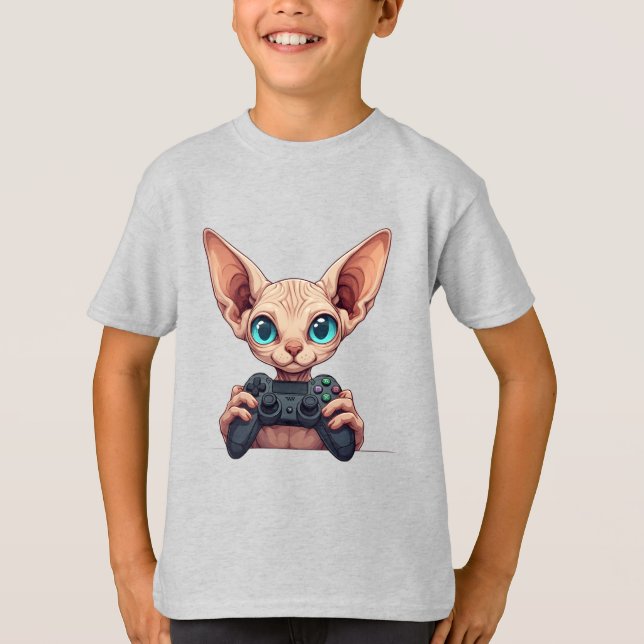 Camiseta Sphynx Cat Holding Game Controller (Frente)