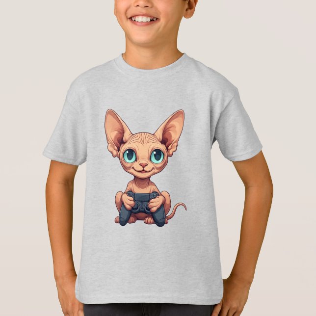 Camiseta Sphynx Cat Holding Game Controller (Frente)