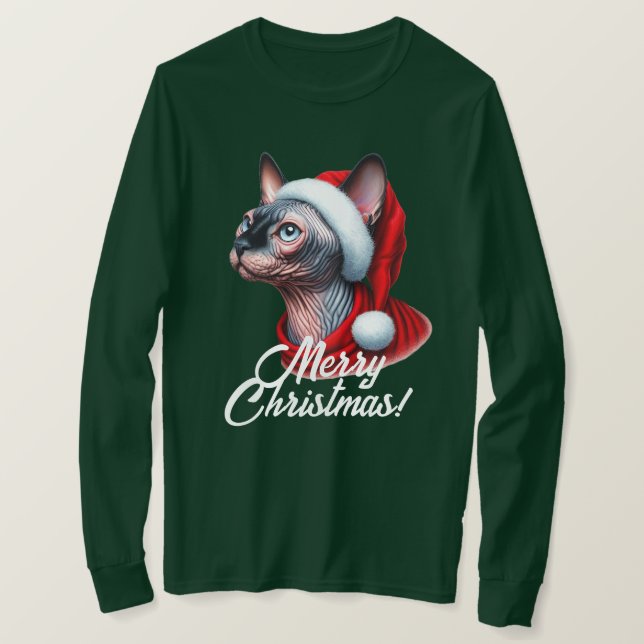 Camiseta Sphynx Cat no Natal do Santa Hat (Frente do Design)