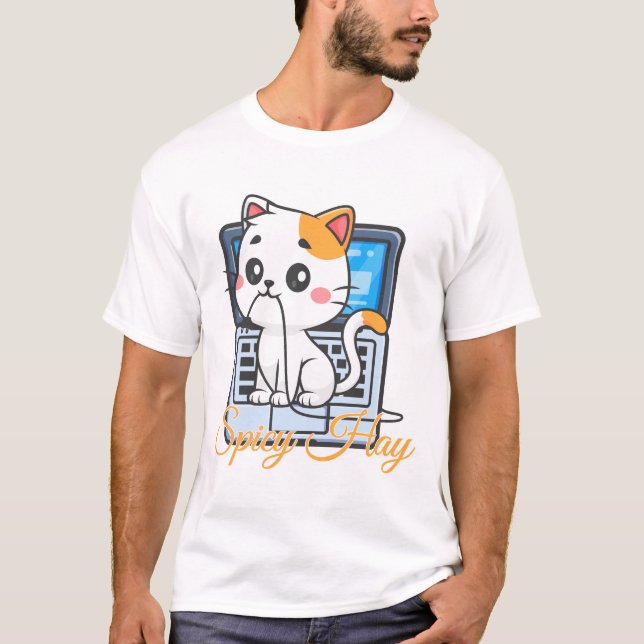 Camiseta Spicy Hay Funny Cat Biting Cord Kawaii Art (Frente)