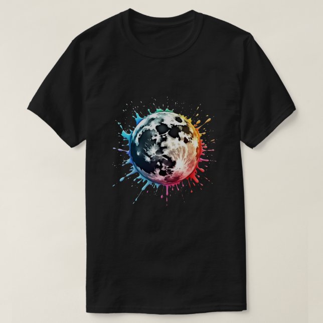 Camiseta Splatter Cósmico: Uma Explosão Lunar Colorida (Frente do Design)