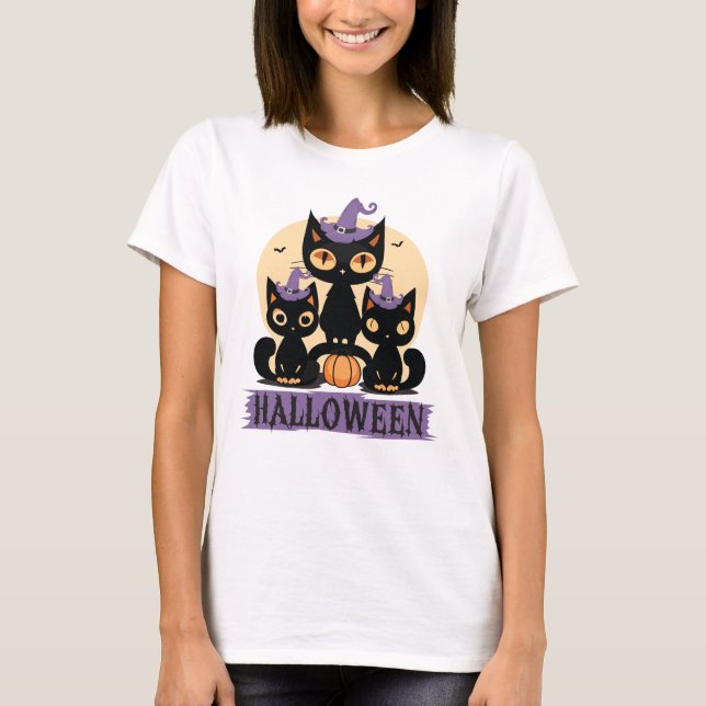 Camiseta Spooky Cute Black Cat Halloween Autumn Pumpkin  (Frente)