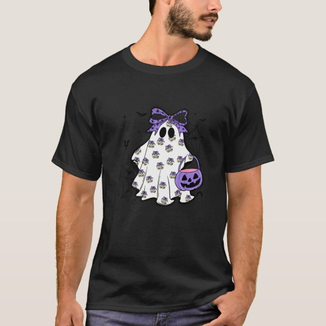 Camiseta Spooky Cute Ghost with Purple Bow Halloween (Frente)