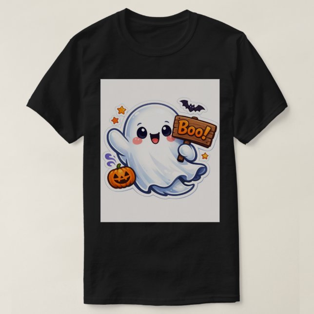 Camiseta Spooky-Cute Halloween Ghost Sticker (Frente do Design)