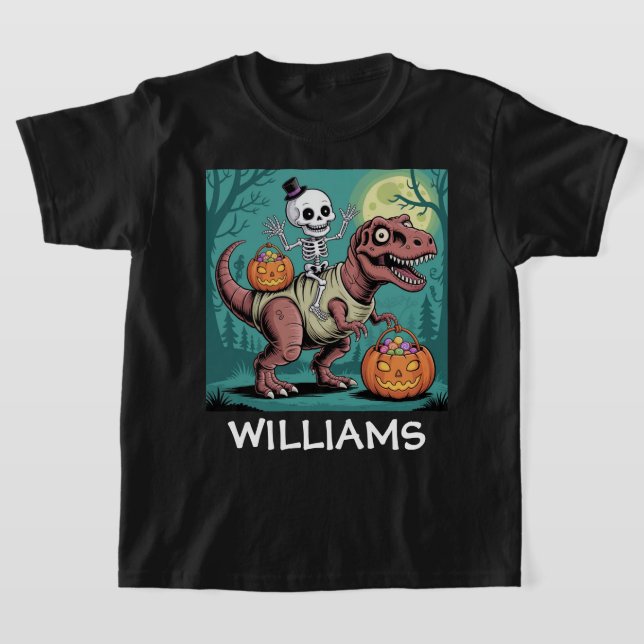 Camiseta Spooky Dino Rider - Esqueleto na mamãe T-Rex (Postura )