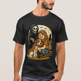 Camiseta Spooky Grim Reaper with Girl and Dog Skeleton Art 