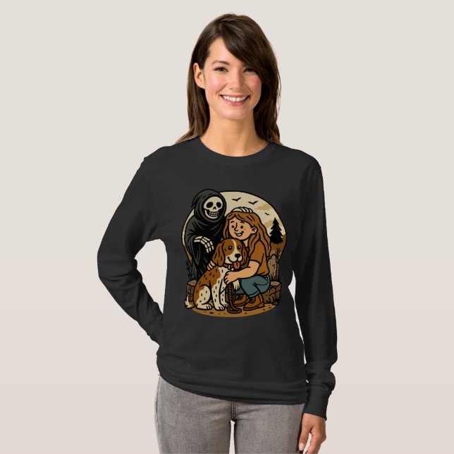 Camiseta Spooky Grim Reaper with Girl and Dog Skeleton Art  (Frente Completa)