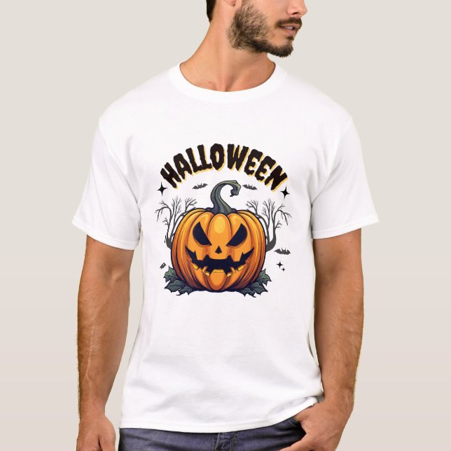 Camiseta Spooky Pumpkin & Skeleton Business Name Halloween (Frente)