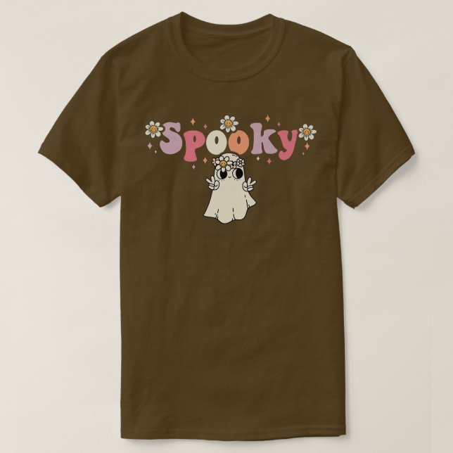 Camiseta Spooky Retro Groovy Floral Ghost Halloween (Frente do Design)