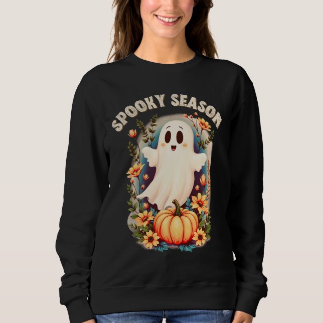 Camiseta Spooky Season Cute Ghost Floral Retro (Frente)