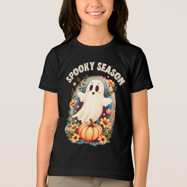 Camiseta Spooky Season Cute Ghost Floral Retro (Frente)