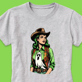 Camiseta Spooky Season Green Retro Cowgirl com Fantasma