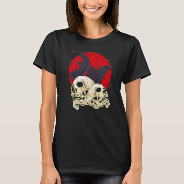 Camiseta Spooky Skull Creepy Skeleton Head Crow Gothic Bird (Frente)