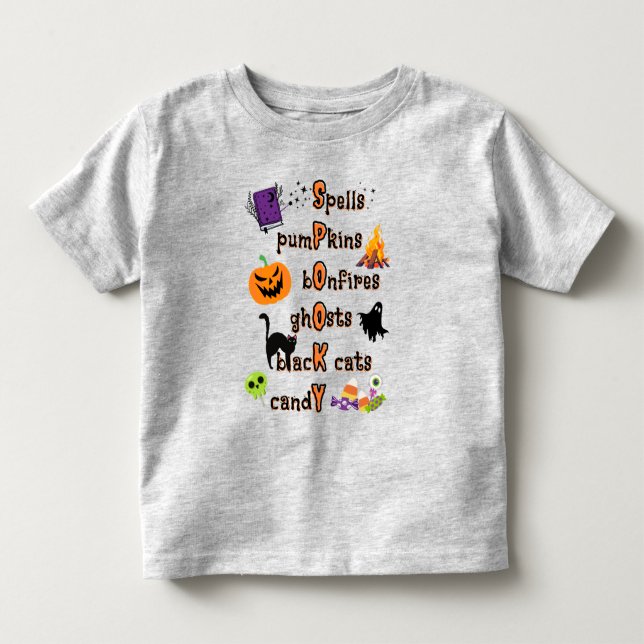 Camiseta SPOOKY Spelling com todas as coisas Halloween (Frente)