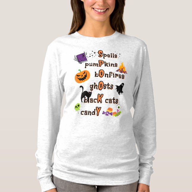 Camiseta SPOOKY Spelling com todas as coisas Halloween (Frente)
