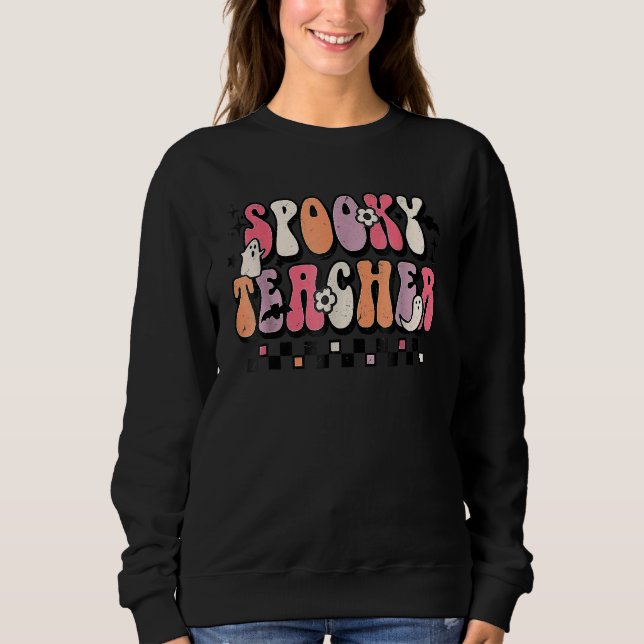 Camiseta Spooky Teacher Groovy Halloween Trick Or Teach Tea (Frente)