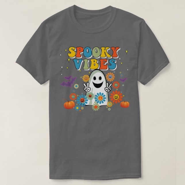 Camiseta Spooky Vibes Cute Halloween Peace 70s Retro Premiu (Frente do Design)