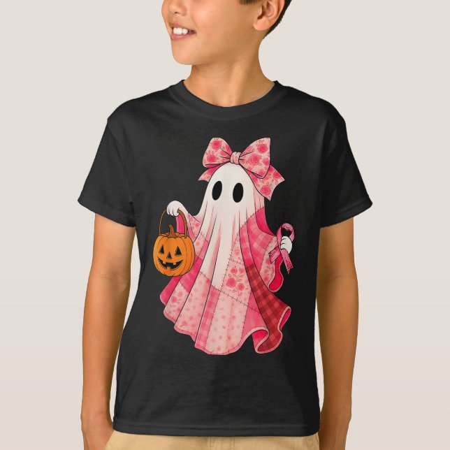 Camiseta Spooky Vibes Pink Ghost Preppy Halloween Women Gir (Frente)