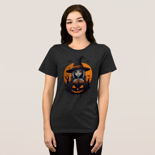 Camiseta Spooky Witch with Jack-o’-Lantern Art (Frente Completa)