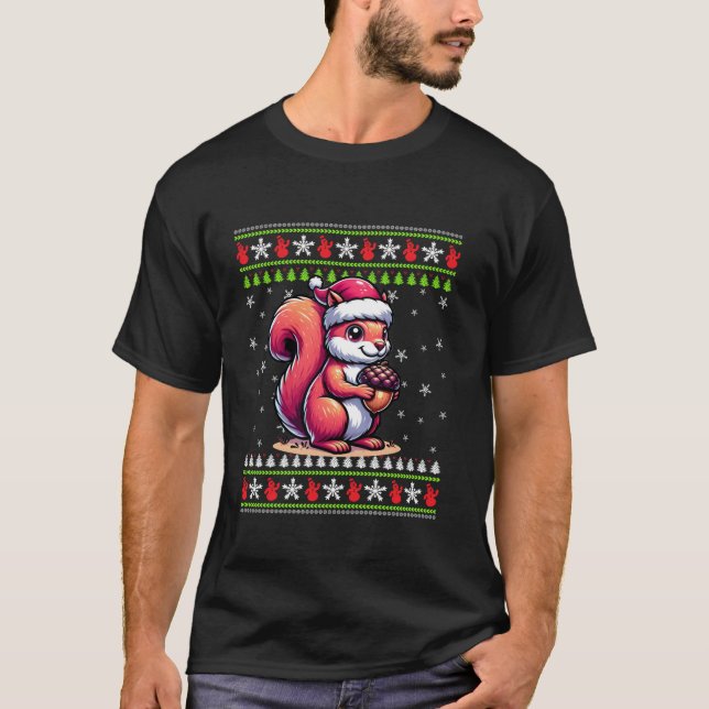 Camiseta Squirrel Ugly Loucos Snowflakes Snowman Santa Hat  (Frente)
