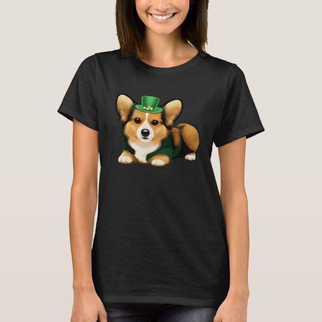 Camiseta St Patrick's Day Corgi Dog Irish Shamrock Leprecha (Frente)