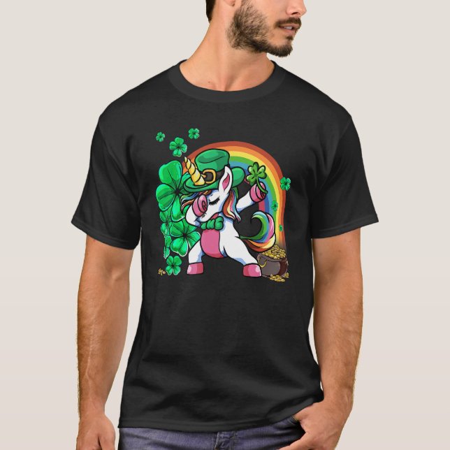 Camiseta St Patricks Day Girls Dabbing Unicorn Leprechaun L (Frente)