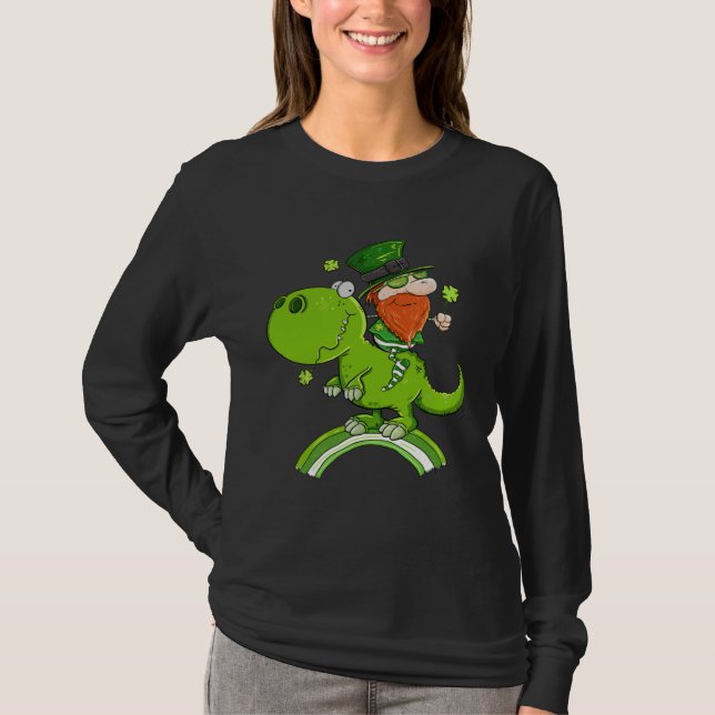 Camiseta St Patricks Day Leprechaun Riding A Dinosaur Shamr (Frente)